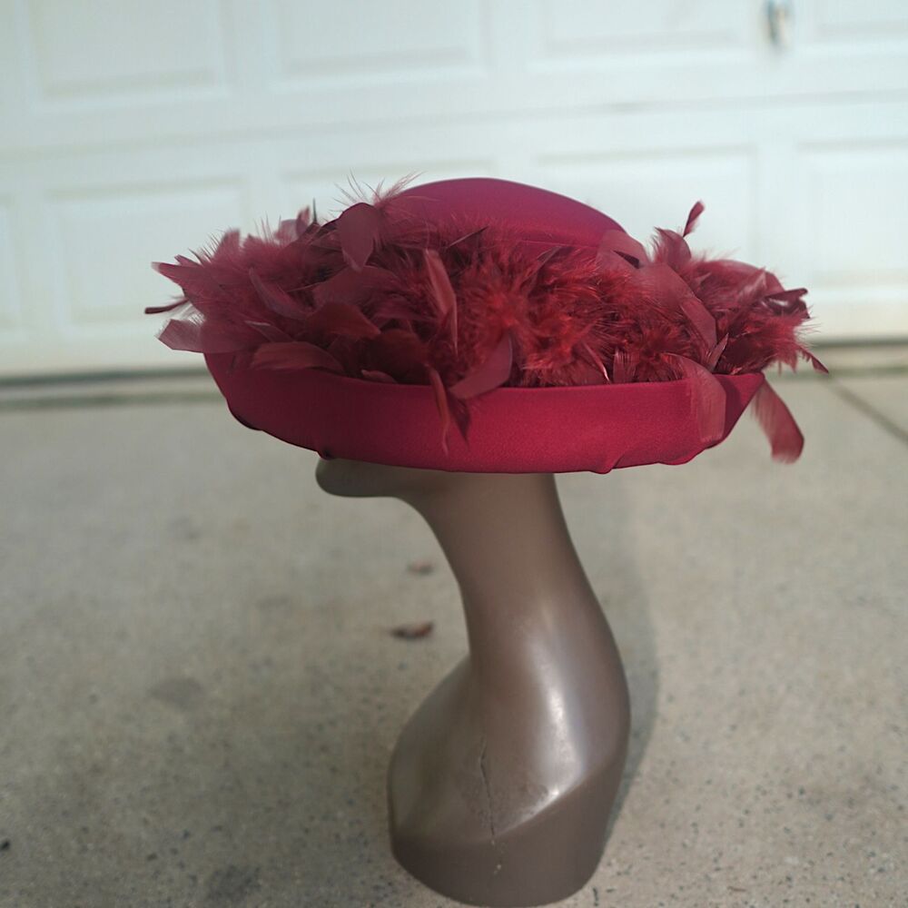 Vintage Gilbert and Ivy Burgundy Wool Feather Pillbox Hat / Fascinator